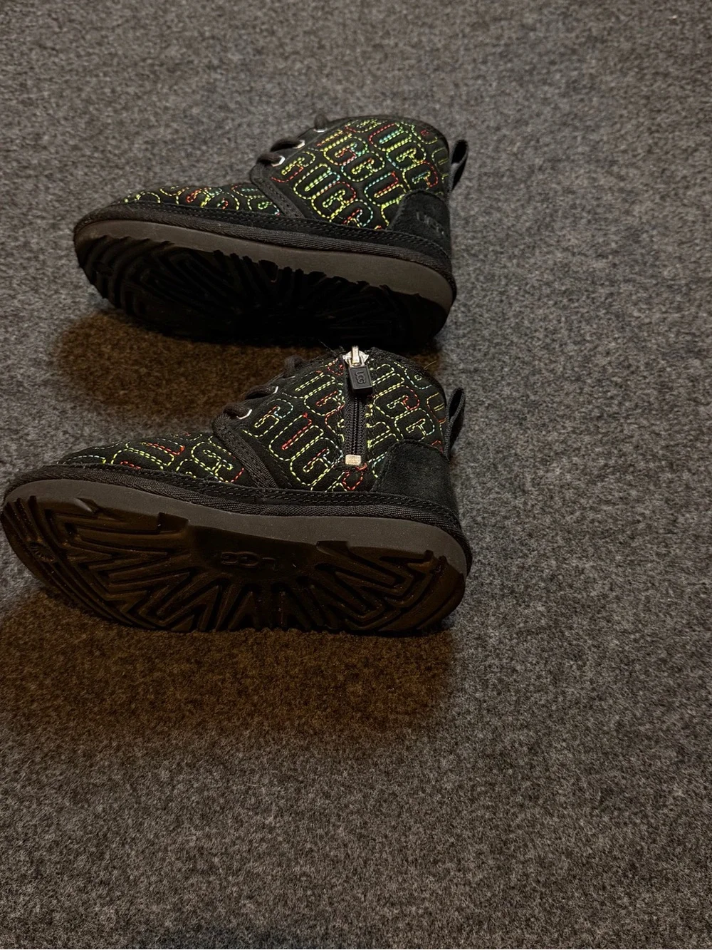 UGG Black Kids Quilted Logo Boots with Multicolor Stitching